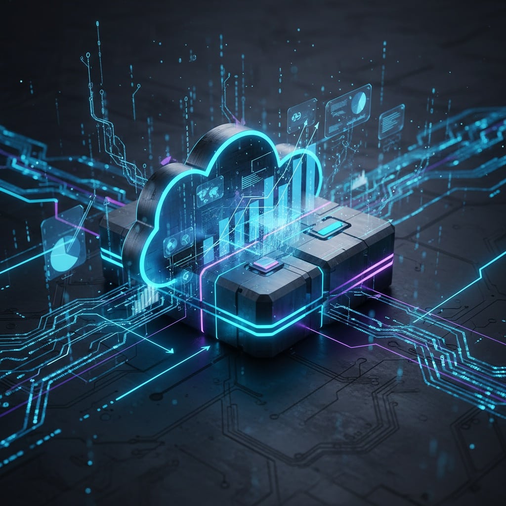 Glowing blue cloud icon glowing above metallic server blocks connected to a complex network of circuit lines on a dark background.