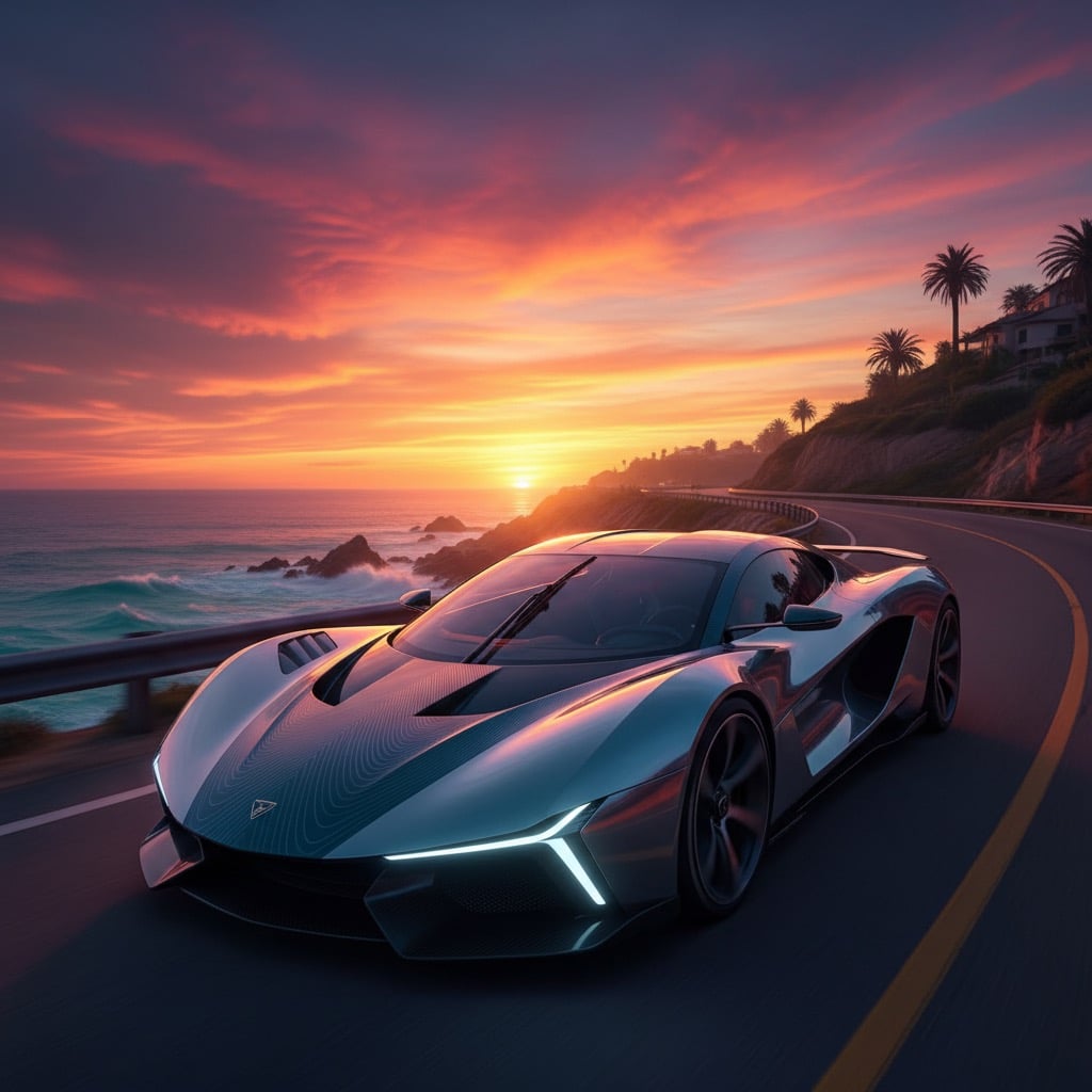 A sleek grey supercar drives along a coastal road during a vibrant sunset.