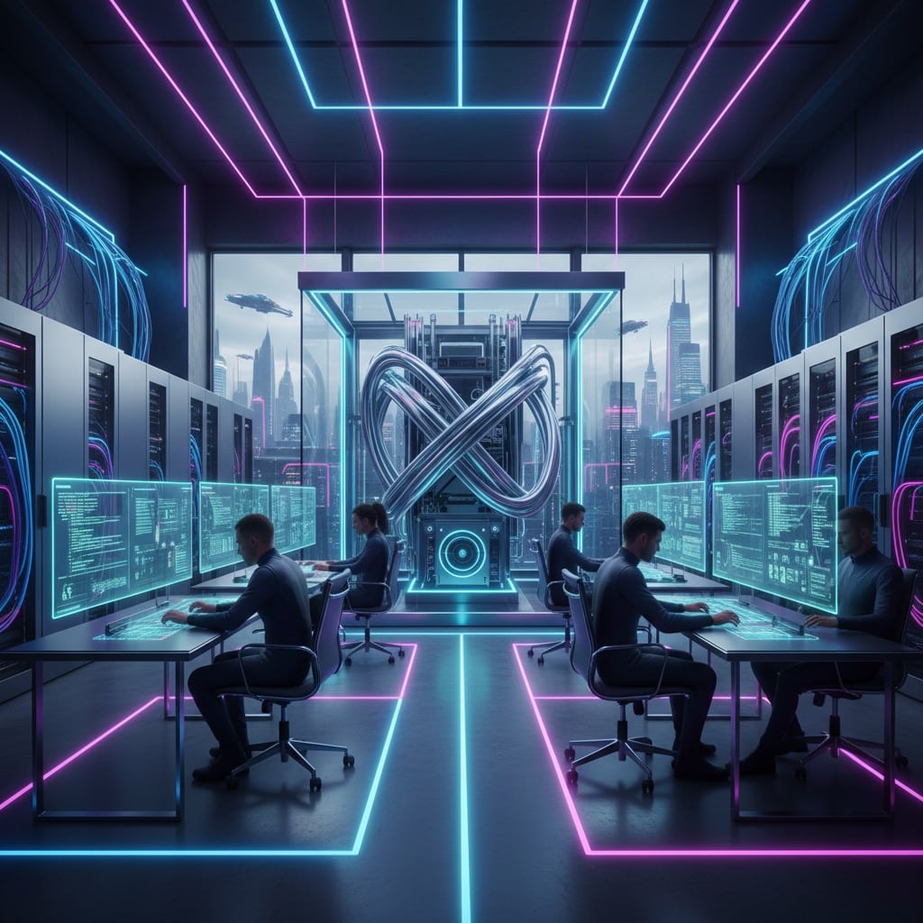 Four workers sit at desks in a neon-lit futuristic server room, with a large glowing sculpture at the back and a view of a city skyline outside.
