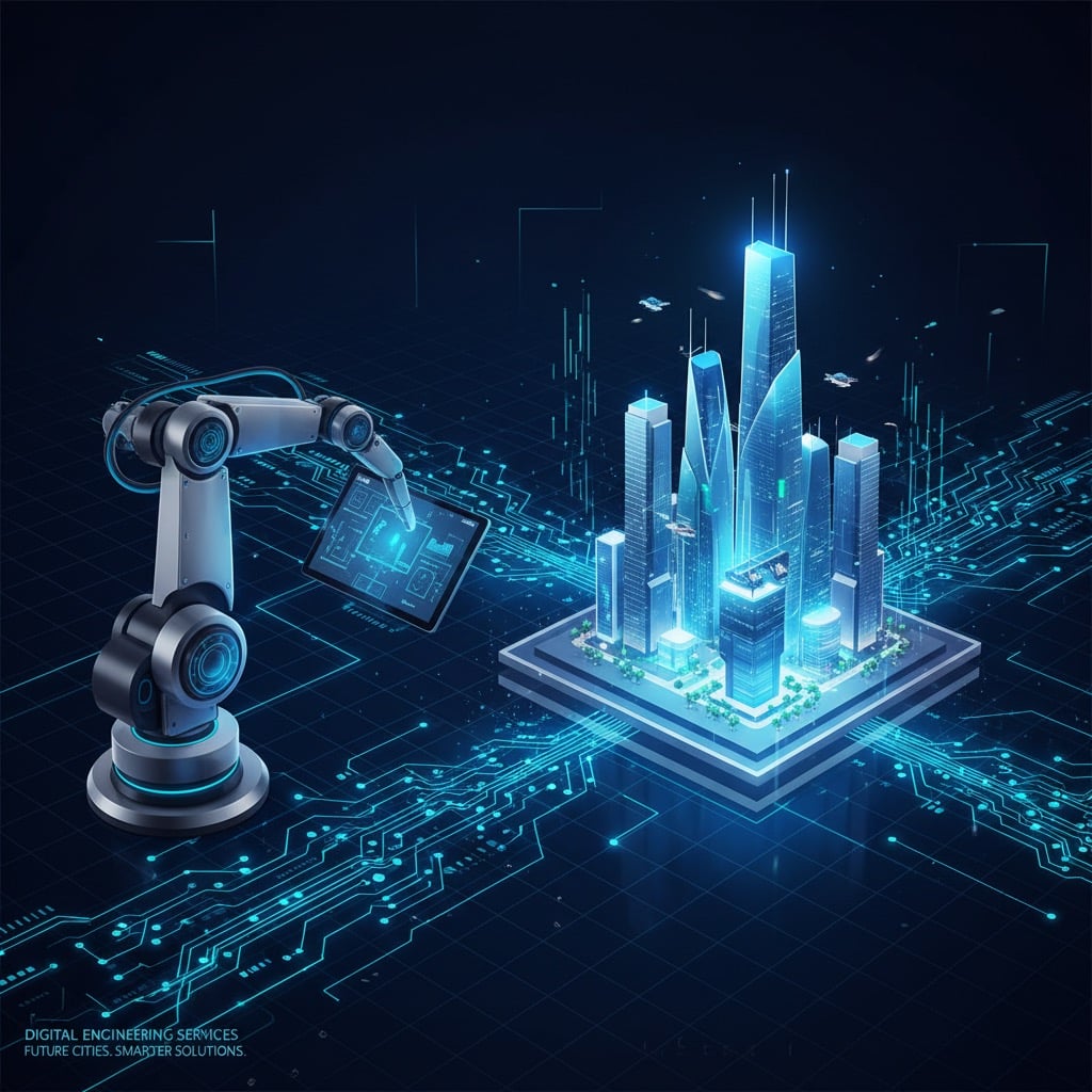 A robotic arm holding a tablet interacts with a glowing futuristic city model set on a circuit board against a dark background.