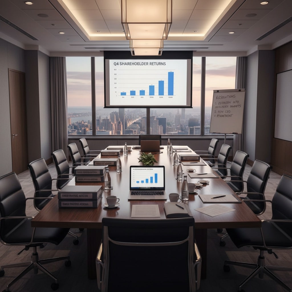 A modern boardroom with a long wooden table, leather chairs, and a projection screen displaying a bar chart with a city skyline visible through the windows.