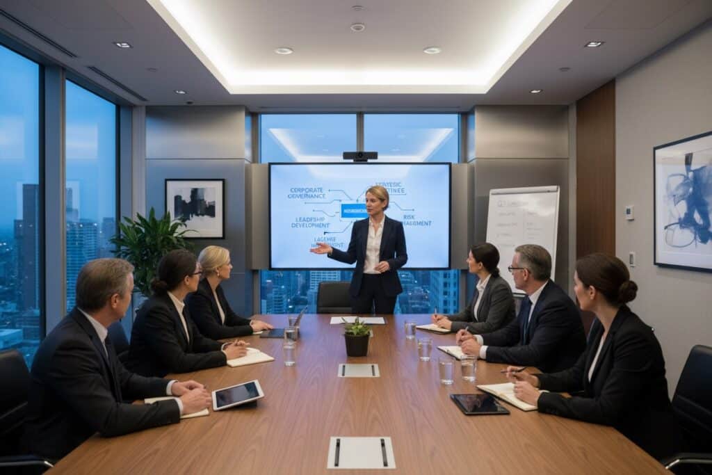 A female executive leads a business presentation in a modern conference room while her colleagues sit around a large wooden table, listening attentively.