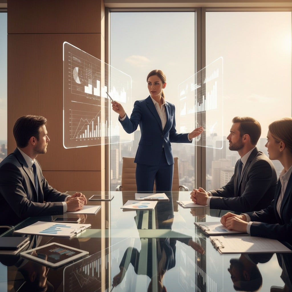 A businesswoman in a blue suit uses a pointer to present data on floating holographic displays to her colleagues in a modern boardroom.