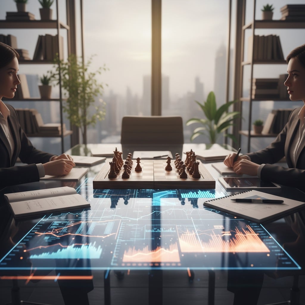 Two businesswomen sit opposite each other at a boardroom table with a chess set in the middle and digital financial graphs projected onto the glass surface.